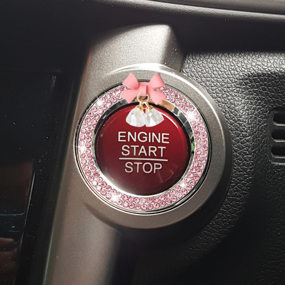 Bling Car Engine Start Stop Button Cover With Bow, Crystal Rhinestone Ignition Decor For Women Pink 9070919696497