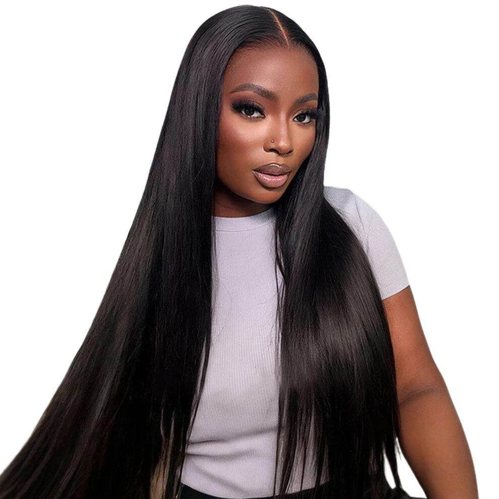 Unisex Black 26 Inch Straight Human Hair Lace Front Wig Natural Glueless 7X5 Preplucked Hairline