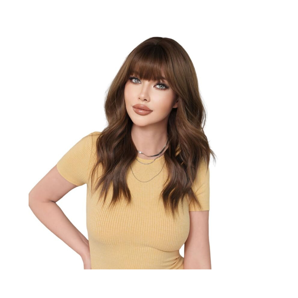 Unisex Brown 22 Inch Glueless Human Hair Blend Wig With Natural Fluffy Curly Bangs For Women