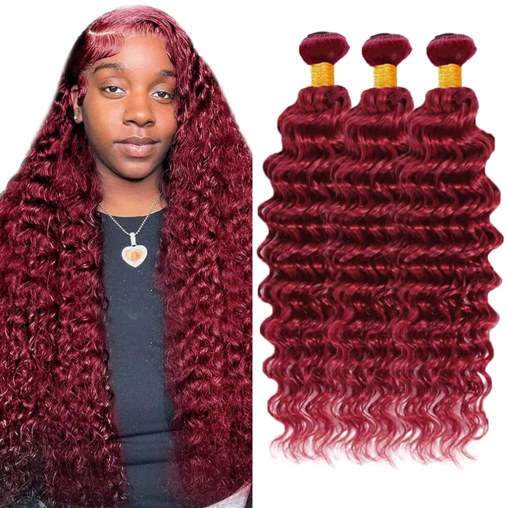 Unisex Red 99J Brazilian Deep Wave Human Hair Bundles 30 32 34 Inch Virgin Remy Rich Burgundy Color