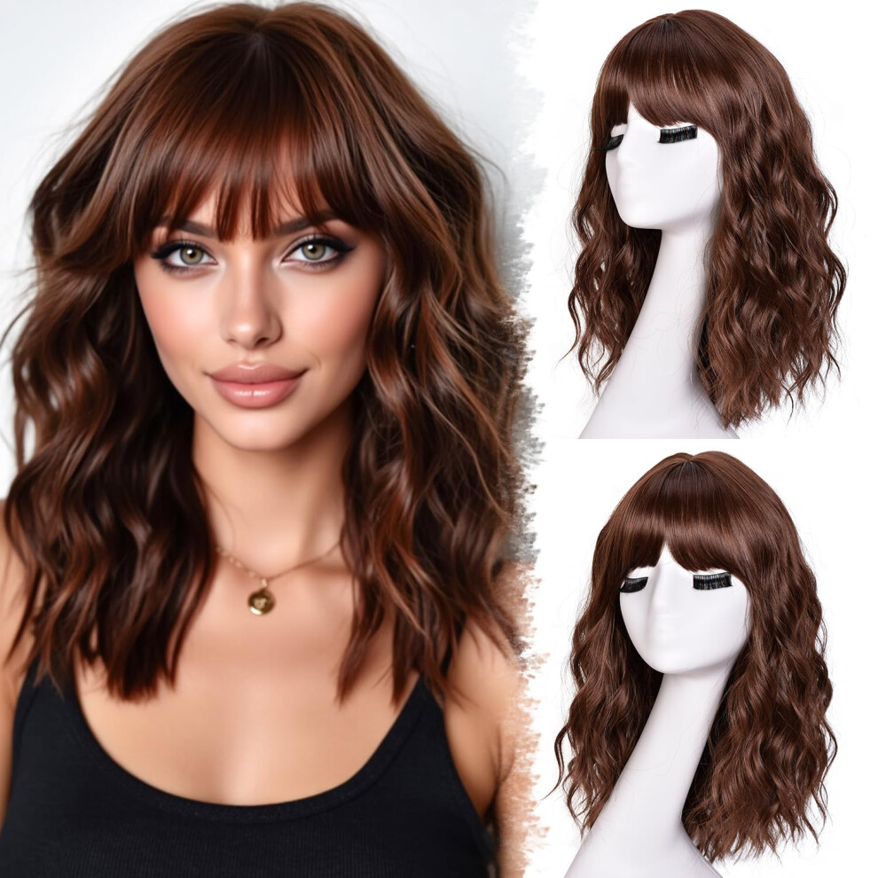 Unisex Brown Short Bob Wavy Wig With Bangs Dark Shoulder Length Heatresistant Synthetic For Women