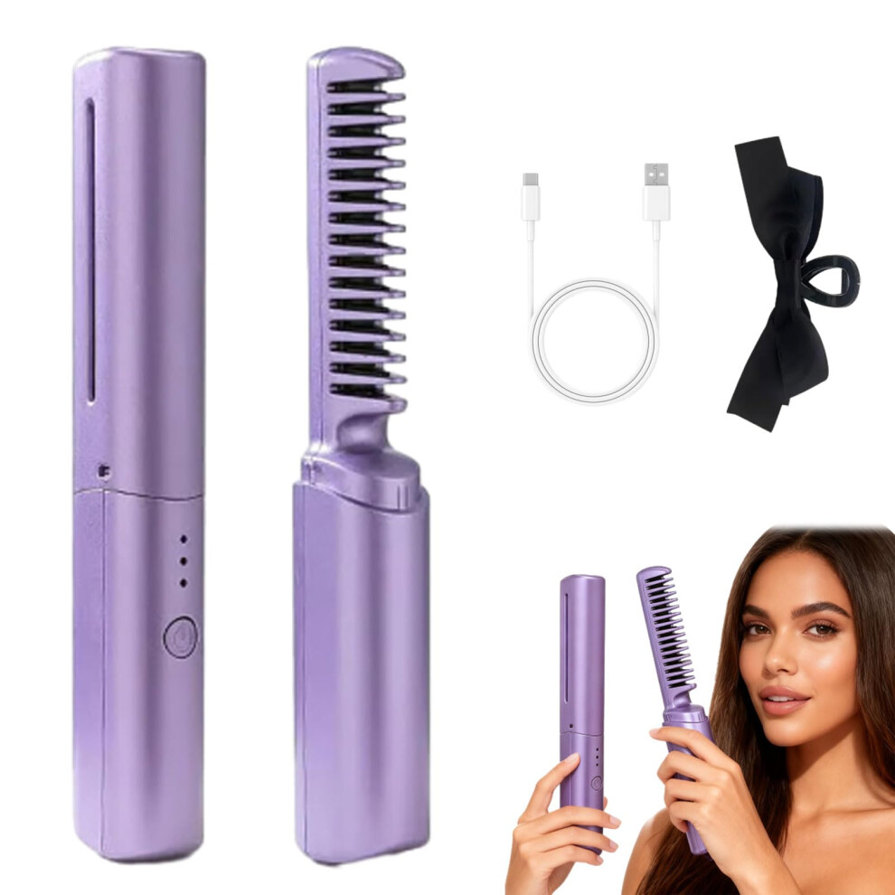 Purple Cordless Ceramic Hot Comb Hair Straightener, Usb Rechargeable, Frizz Styling For All Hair Types