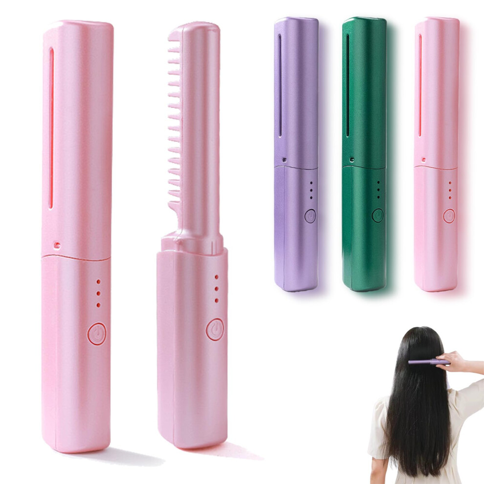 Pink Cordless Ceramic Hair Straightener Comb Frizz Styling, 3 Heat Settings, Rechargeable