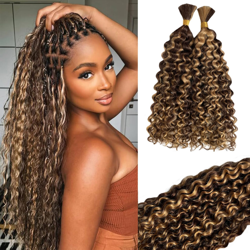 30 Inch Water Wave Human Braiding Hair 4P27 Ombre Brown Knotless Boho Braids 2 Bundles