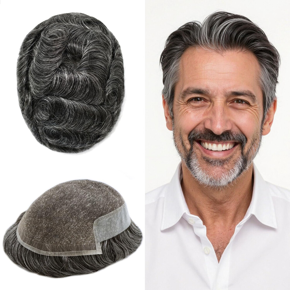 Mens Lace Front Human Hair Toupee with Invisible Hairline, Grey Black Hairpiece for Men 6x9