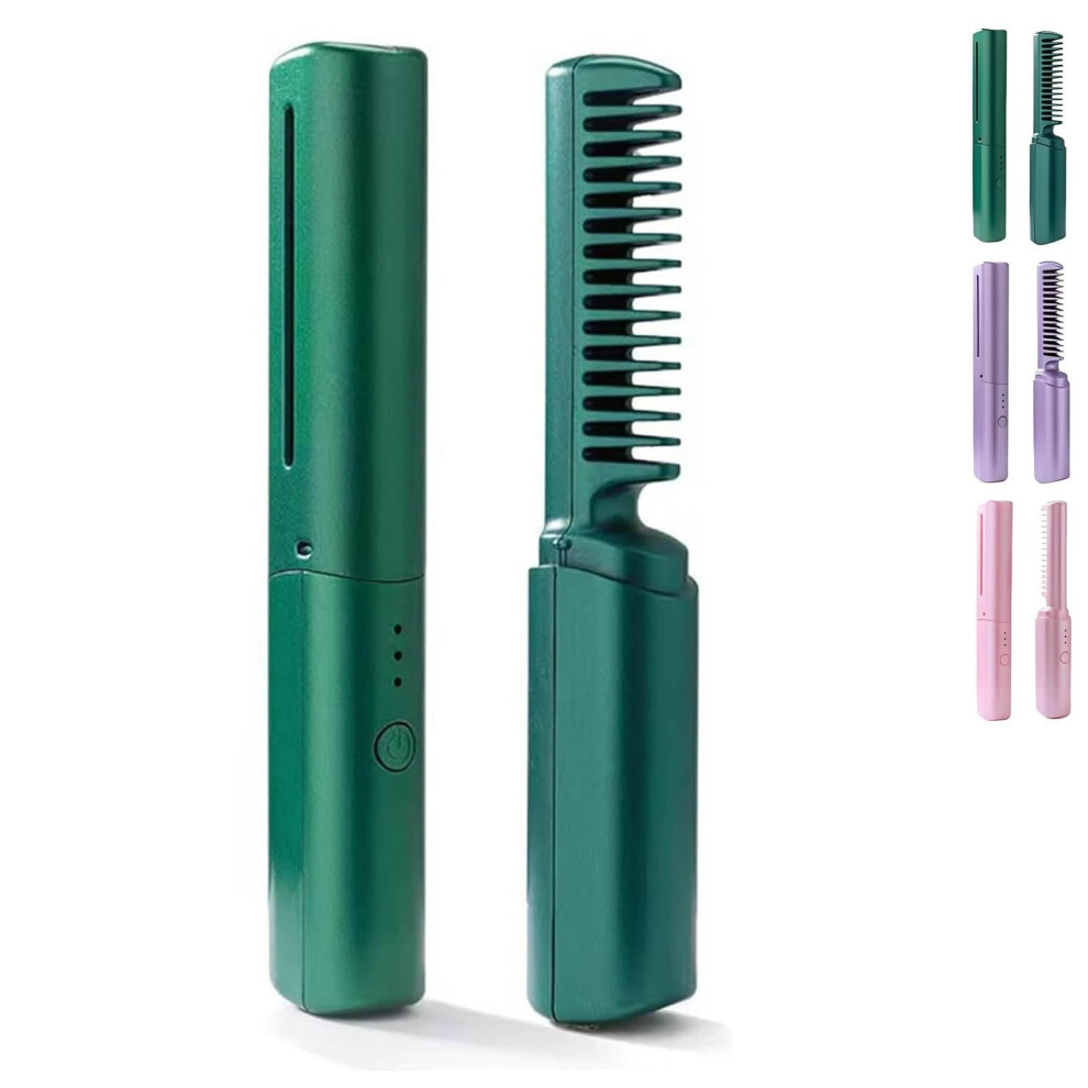 Green Cordless Ceramic Hair Straightening Comb With 3 Heat Settings, Antifrizz, Fast Usb Charging,
