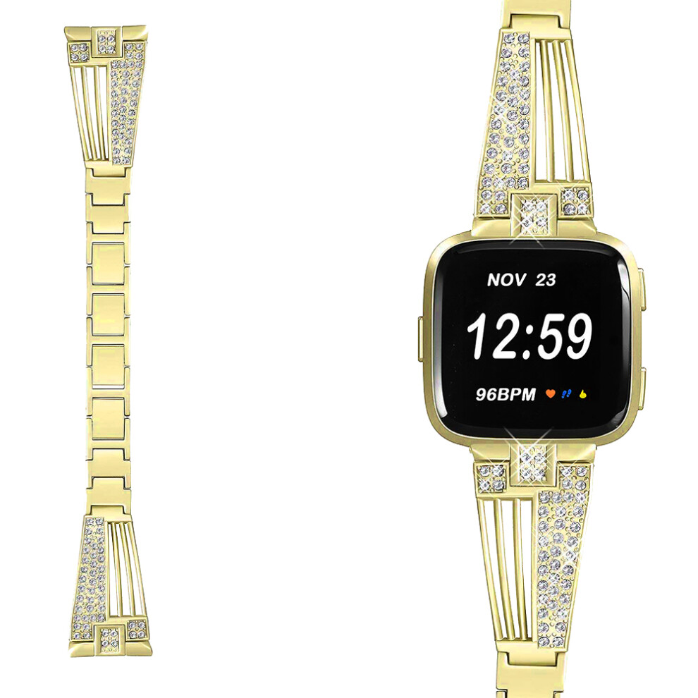 3 Pcs Stainless Steel Rhinestone Watch Band For Fitbit Versa Golden 013798217031