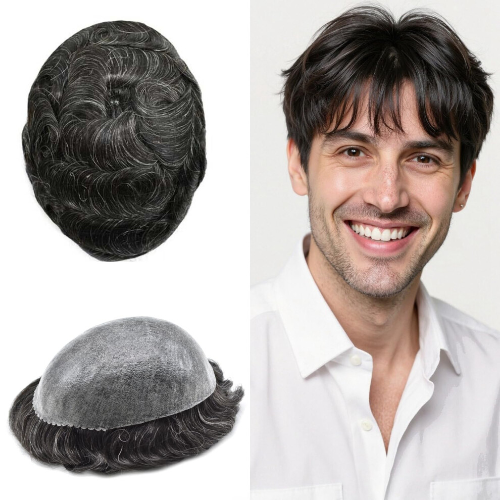 Unisex Grey Mens Toupee Thin Skin Pu Hair Replacement System With Natural Hairline 7X9 120% Density 1B10%