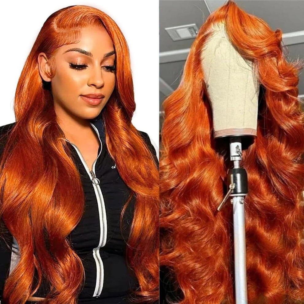 32 Inch Ginger Lace Front Wig Human Hair 13x4 HD Body Wave, 180% Density Glueless for Women