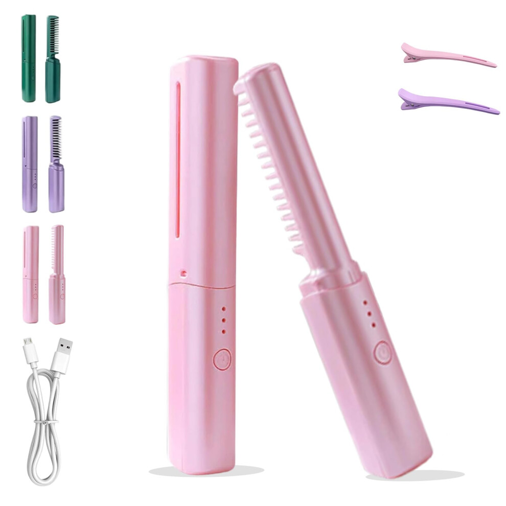 Unisex Pink Cordless Ceramic Hair Straightening Comb With 3 Heat Settings Usb Rechargeable 2In1