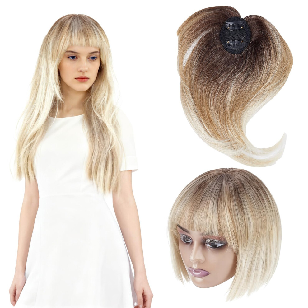 Hair Topper Clip in Bangs for Women, Synthetic Dark Root Blonde Fringe for Thinning Hair