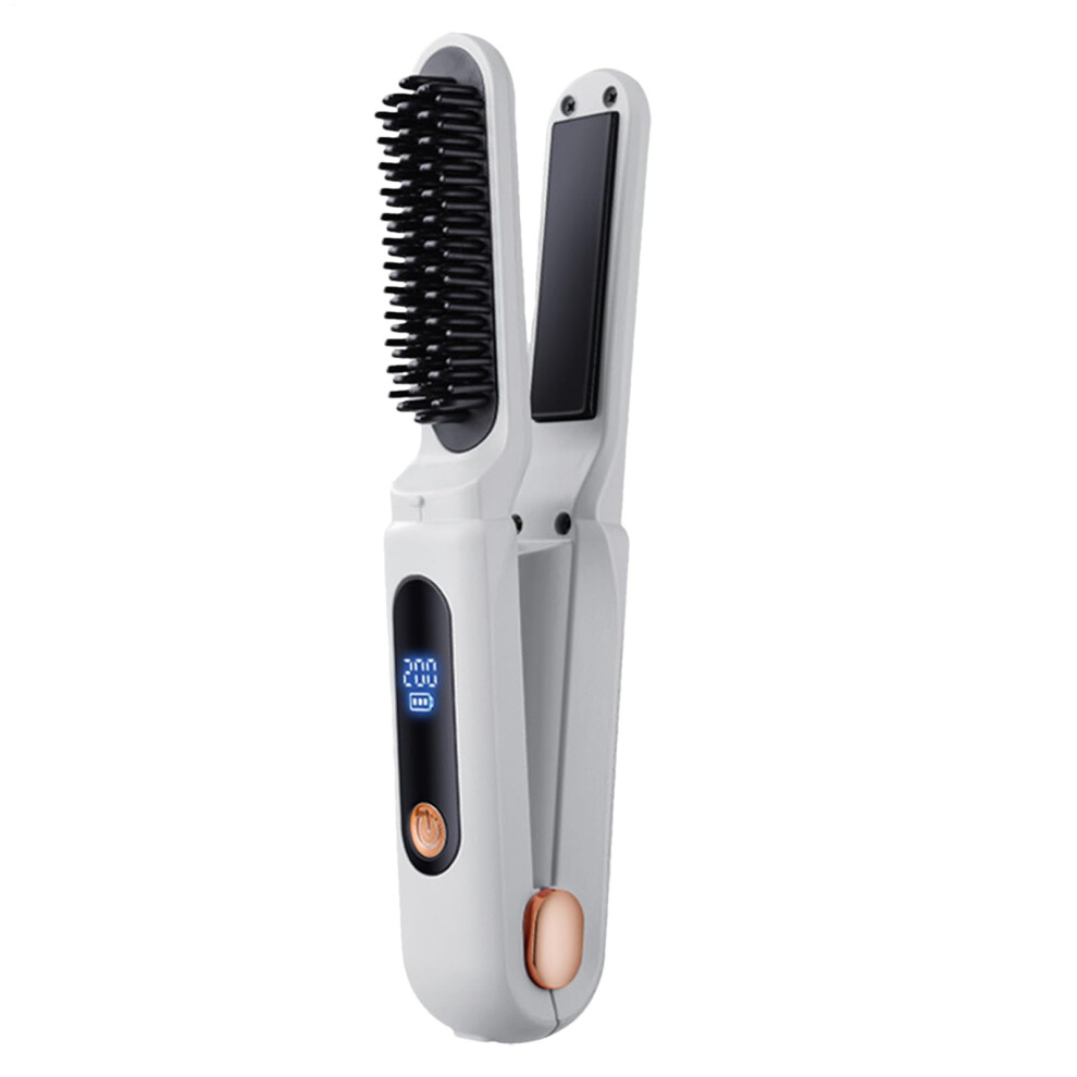 White Cordless Hair Straightener Brush With Negative Ion Care, 2In1 Fast Heating Comb For Travel,