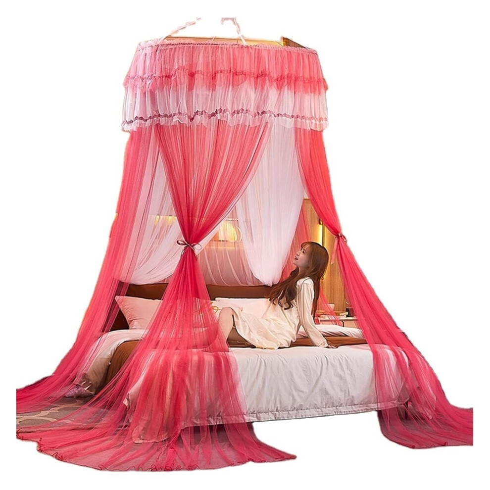 Mosquito Net Bed Canopy With Lace Sheer Mesh Princess Dome, 360 Protection, Watermelon 1.5M X 2.0M Red
