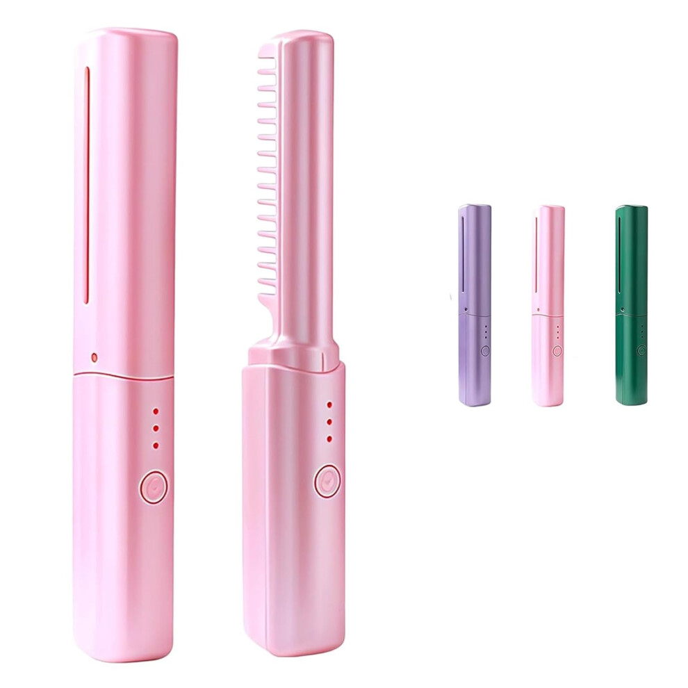 Pink Cordless Hair Straightening Comb 2In1 Ceramic Brush With Even Heat For Travel