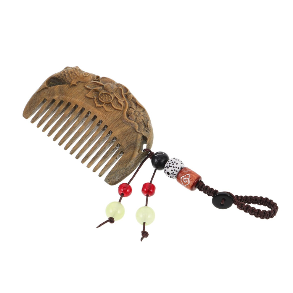 Unisex Mini Sandalwood Pocket Comb Keychain For Women Hand Carved Wooden Hair Comb With Lotus Fish Design