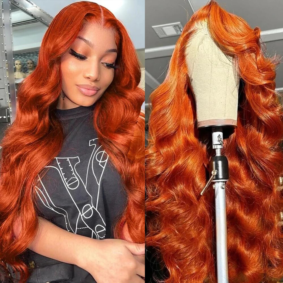 34 Inch Ginger Lace Front Human Hair Wig HD Transparent 13x6 Body Wave PrePlucked Hairline