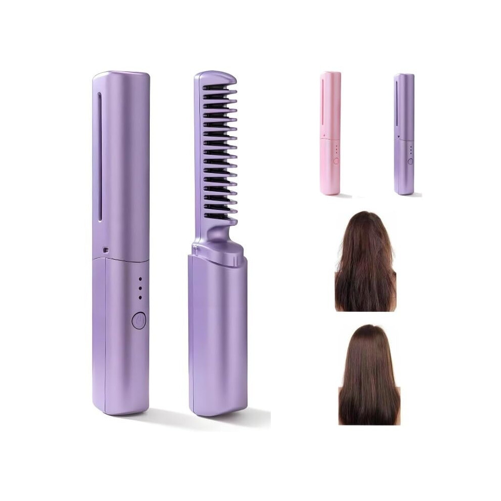 Purple Ceramic Hair Straightening Comb Usb Rechargeable 2In1 Brush With 3 Heat Settings Travel Size