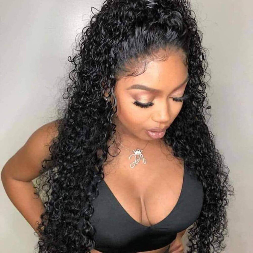 Unisex Black 13X6 Deep Curly Human Hair Lace Front Wig Preplucked Natural Hairline Glueless For Women 22Inch