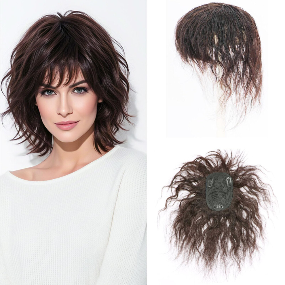 Unisex Brown 14 Inch Curly Human Hair Topper Clip In Wiglet For Thinning Hair With Rose Base Medium