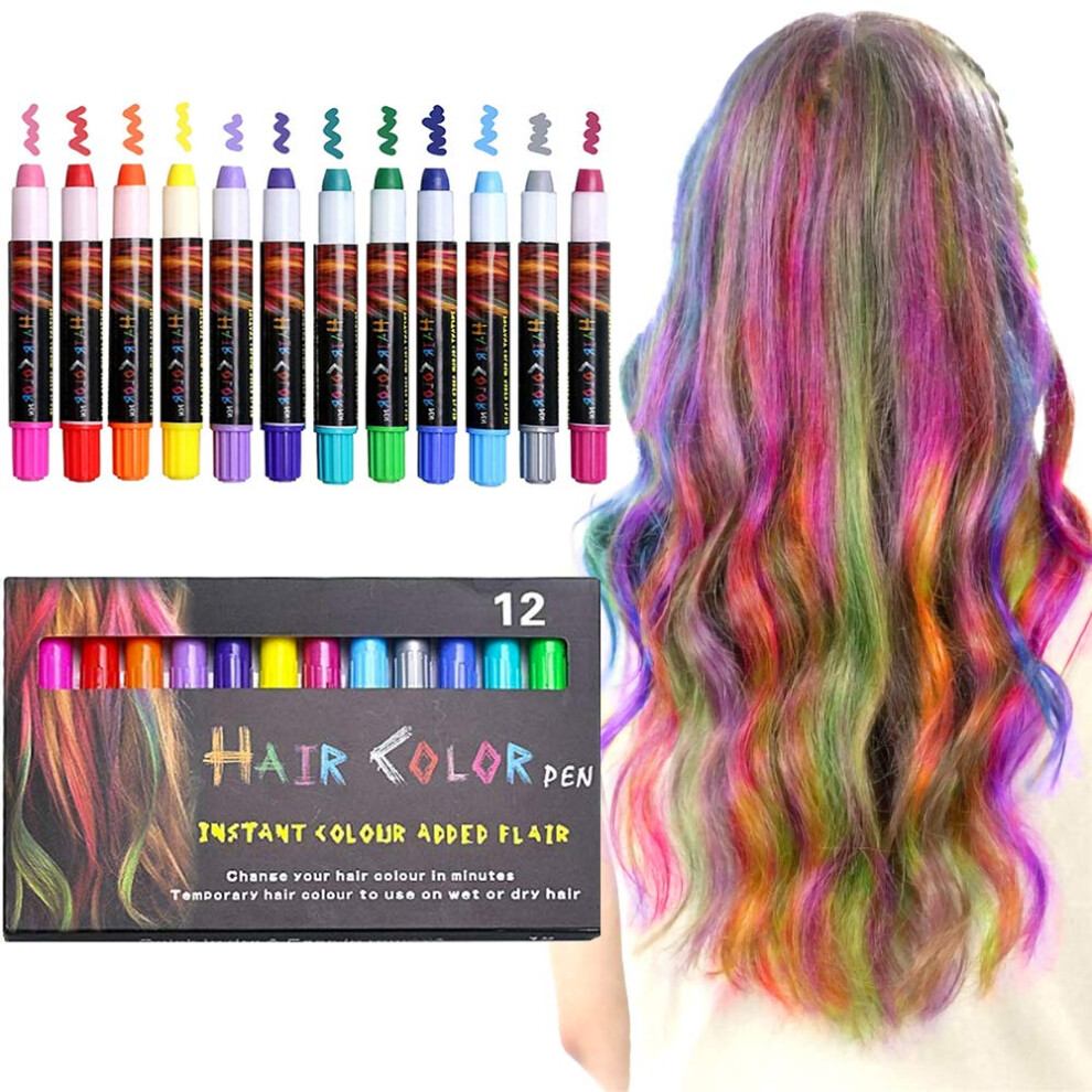 Yellow/Orange/Pink 12 Color Temporary Hair Chalk Pens Set, Washable Nontoxic Hair Color For Kids And Adults