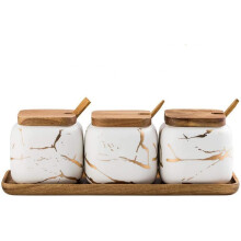 Ceramic Sugar Bowl Set 3 Marble Containers with Lids and Spoons on Wooden Tray for Kitchen