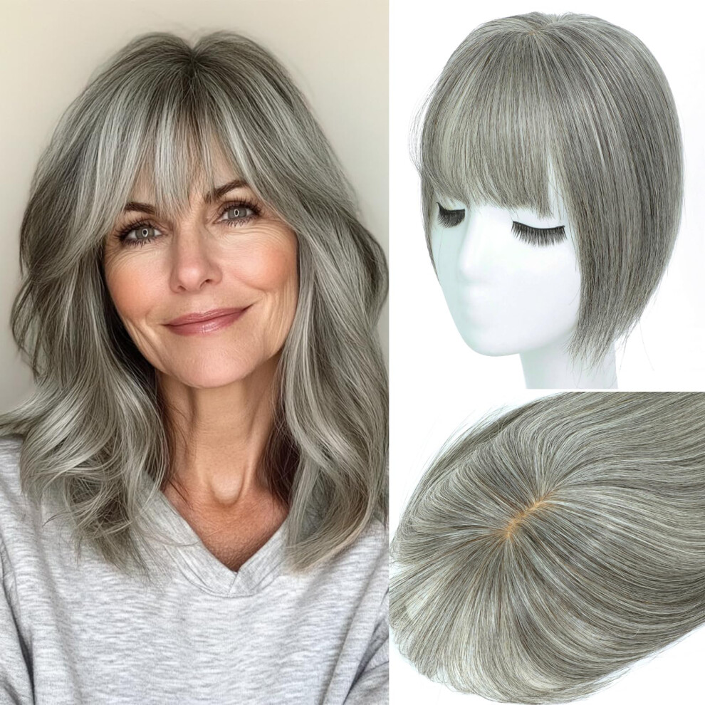 Unisex Grey Human Hair Topper With Bangs For Women, 360 Coverage, Lace Base, Secure 3 Clips Fit