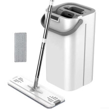 Hands Flat Mop and Bucket Set, Wet Dry SelfCleaning with Ergonomic Scraping Handle, Grey