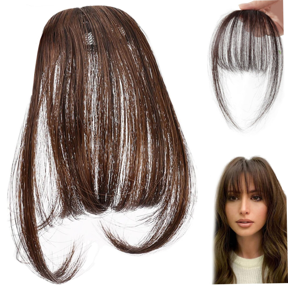 Unisex Brown Clip In Bangs Real Human Hair, Natural Looking Wispy Fringe Hairpiece With Temples, Dark