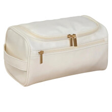 Travel Toiletry Bag Cream White Waterproof Vegan Leather Hanging Organizer with Gold Zippers