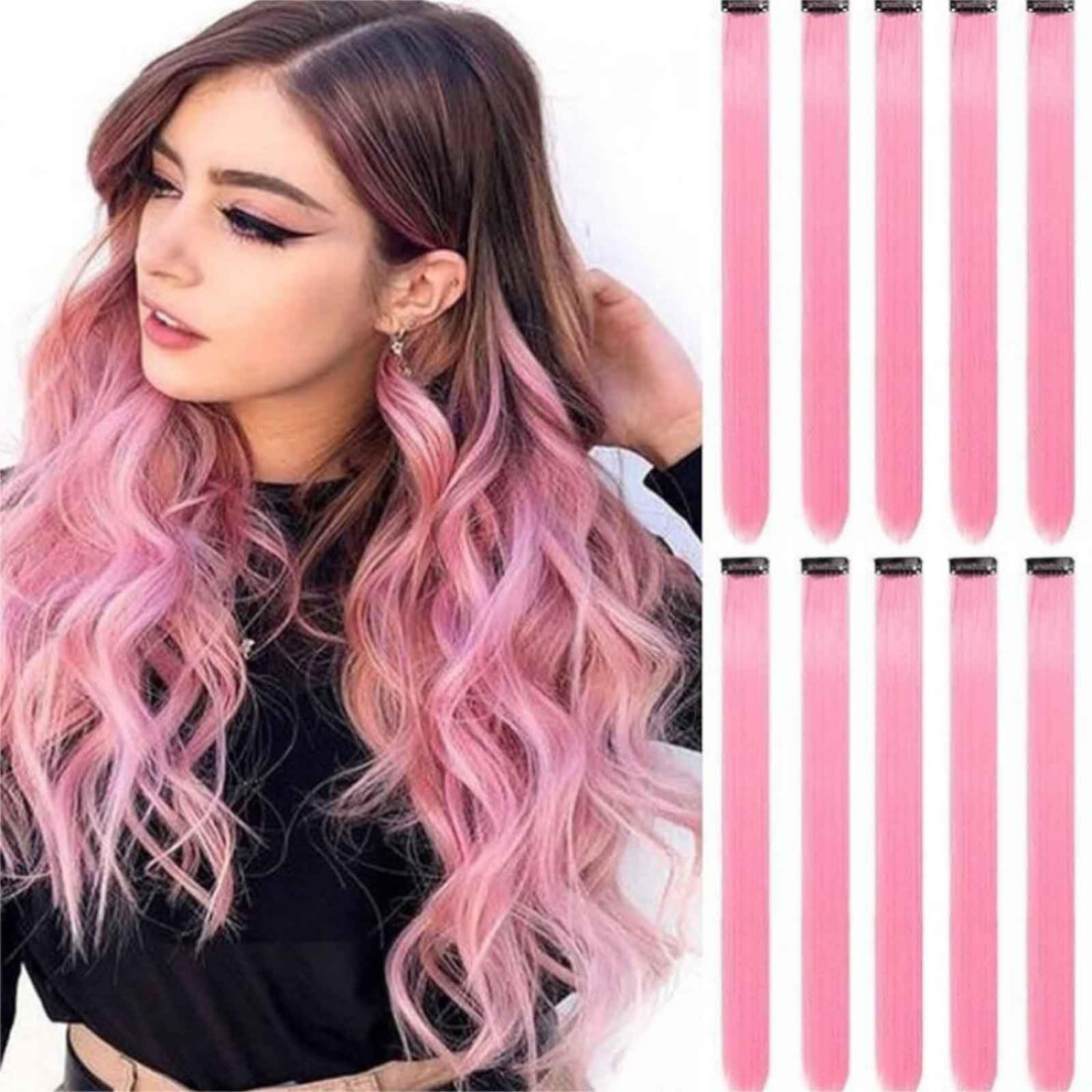 Unisex Red 22 Inch Clip In Synthetic Hair Extensions, 10Pcs Grapefruit Powder Highlights For Women