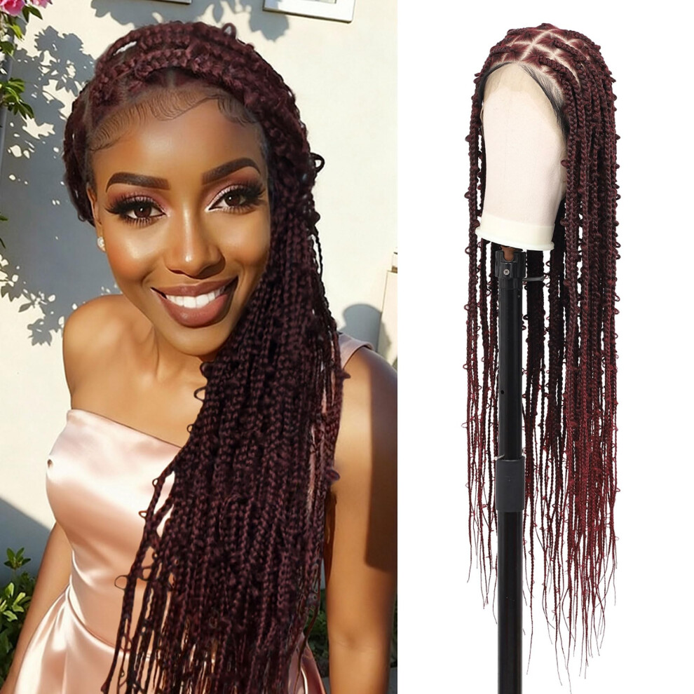 HD Lace Front Knotless Butterfly Box Braided Wig with Baby Hair Burgundy Red 36 Inch