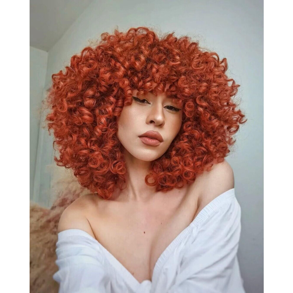 Unisex Black Curly Afro Wig With Bangs For Women, Short Kinky Curly Synthetic Hair, Ginger Color