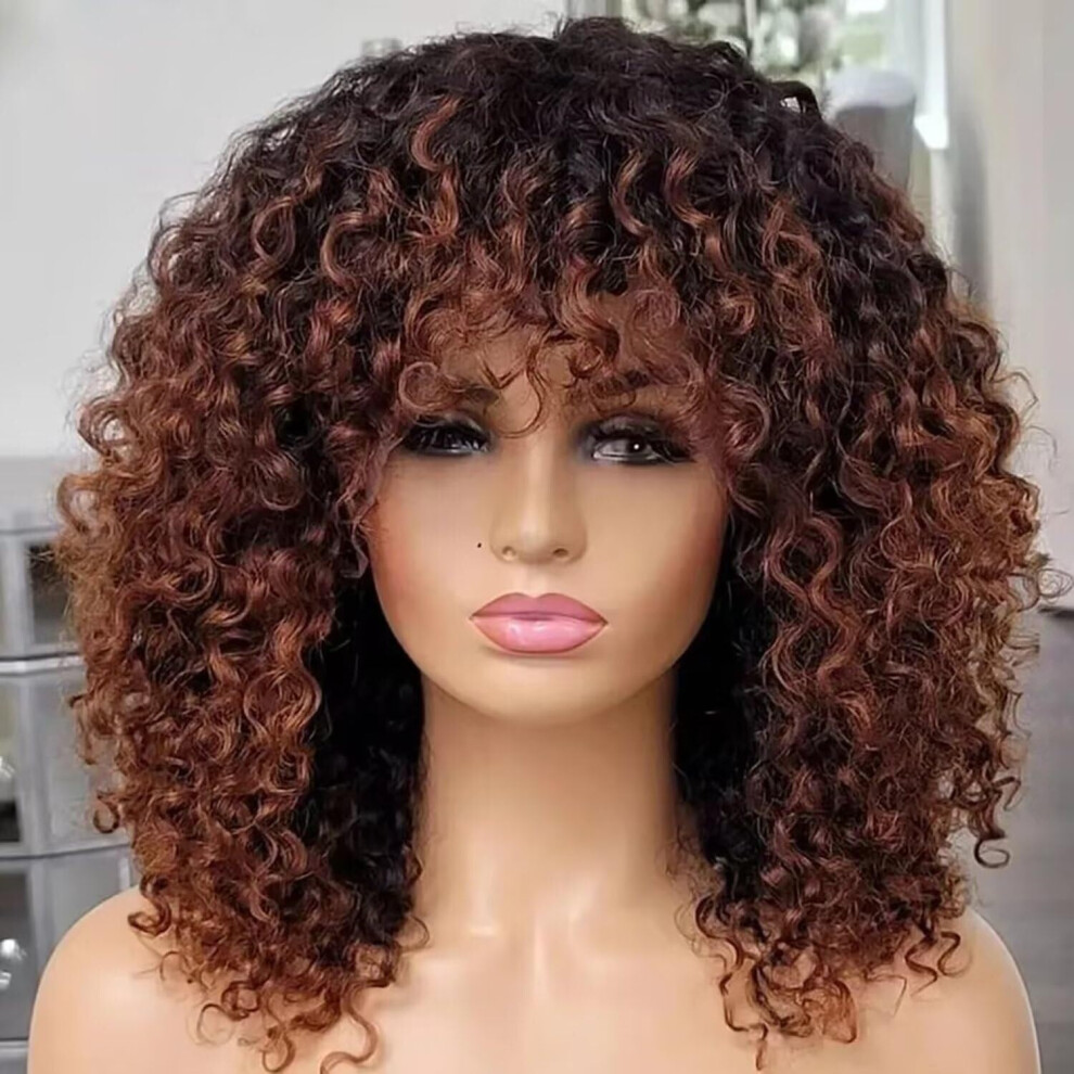 Human Hair Lace Front Wig with Bangs 1B30 Color HD Transparent Lace 16 Inch Glueless 150% Density