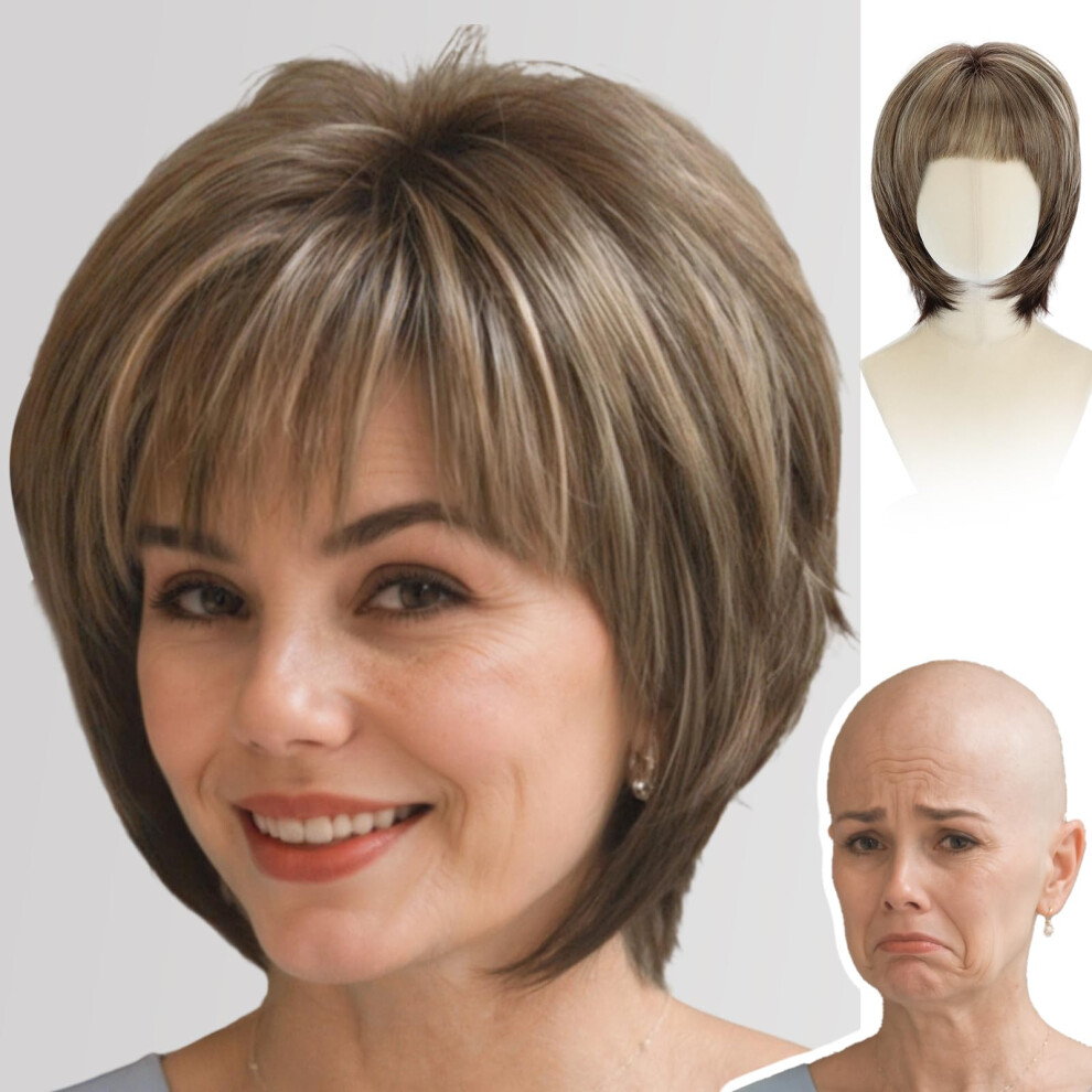 Short Brown Highlight Bob Wig with Bangs for Women, 12 Inch Heat Resistant Synthetic Ombre Hair