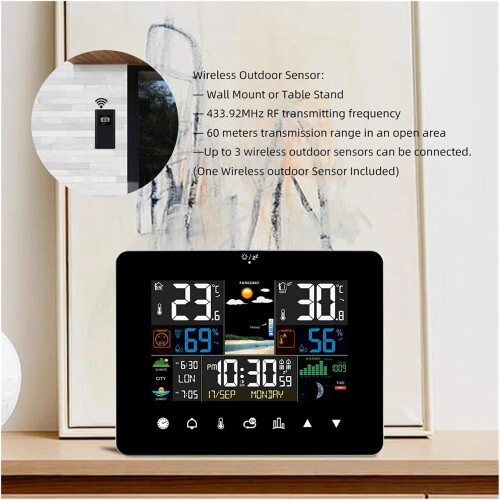 Weather Station Clock with Touchscreen Wireless Sensor Indoor Outdoor Temperature and Humidity 1