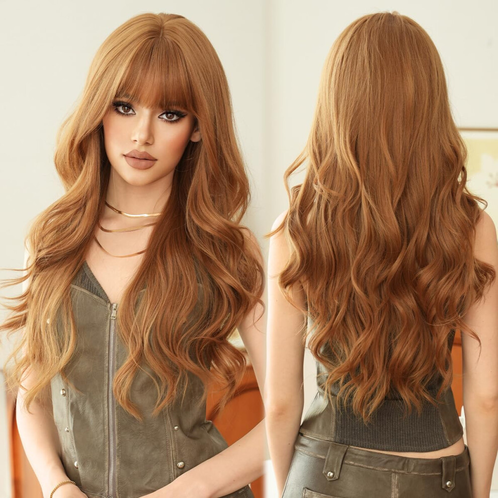 Unisex Yellow Long Wavy Human Hair Blend Wig With Bangs Ginger 28 Inch Glueless Heat Resistant Cosplay