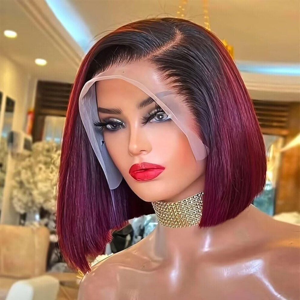 Unisex Human Hair Lace Front Bob Wig Ombre 1B 99J Pixie Cut Hd Transparent Glueless With Baby Hair