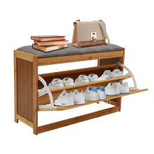 Bamboo Shoe Bench with Cushion, 2Tier Flip Door Shoe Storage for Entryway, Brown 220lbs Capacity