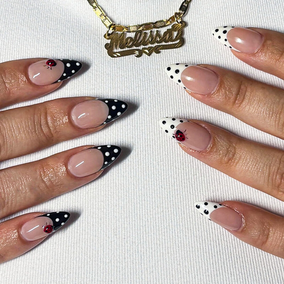 French Tip Press On Nails Polka Dot Almond Fake Nails Reusable Glue On Nails Set for Women 24pcs