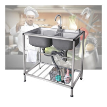 Outdoor Stainless Steel Double Bowl Utility Sink with Faucet for Garden Kitchen with Storage Shelf