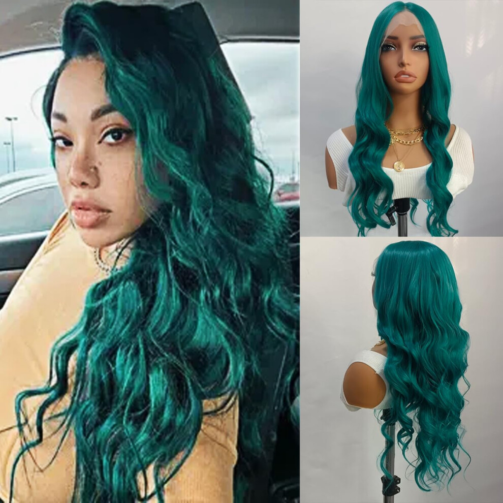 Teal Green Lace Front Wig 24 Inch Synthetic Body Wave Heat Resistant Fiber for Cosplay and Party