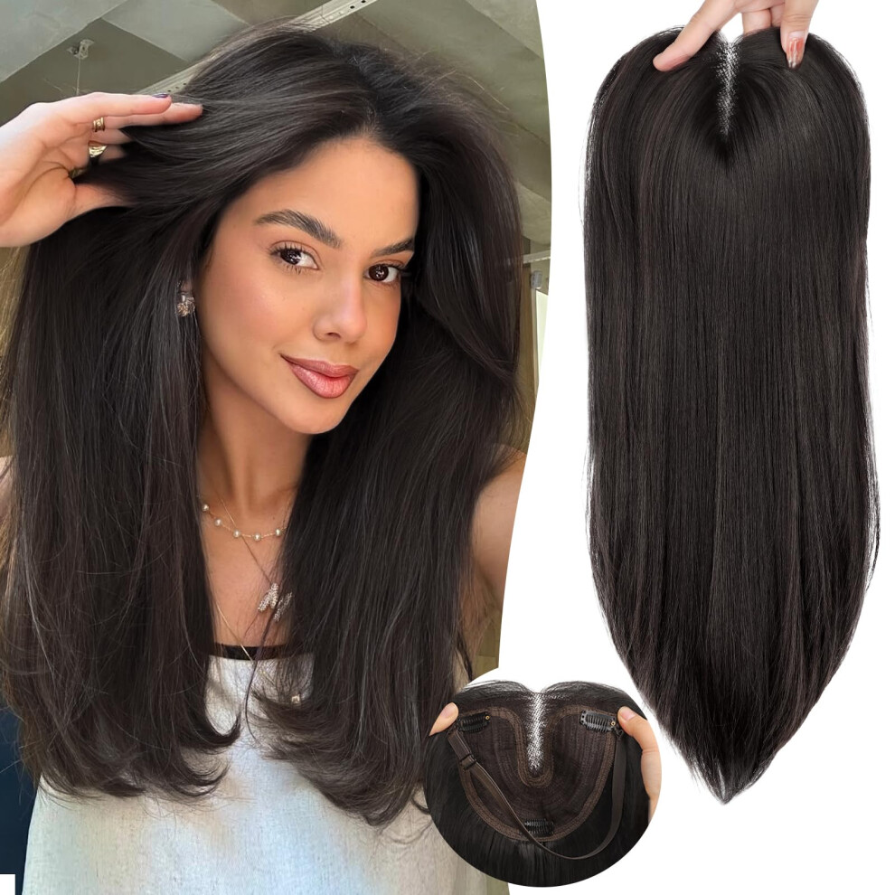 18 Inch Soft Black Synthetic Hair Topper with Bangs for Thinning Hair, Instant Volume and Coverage