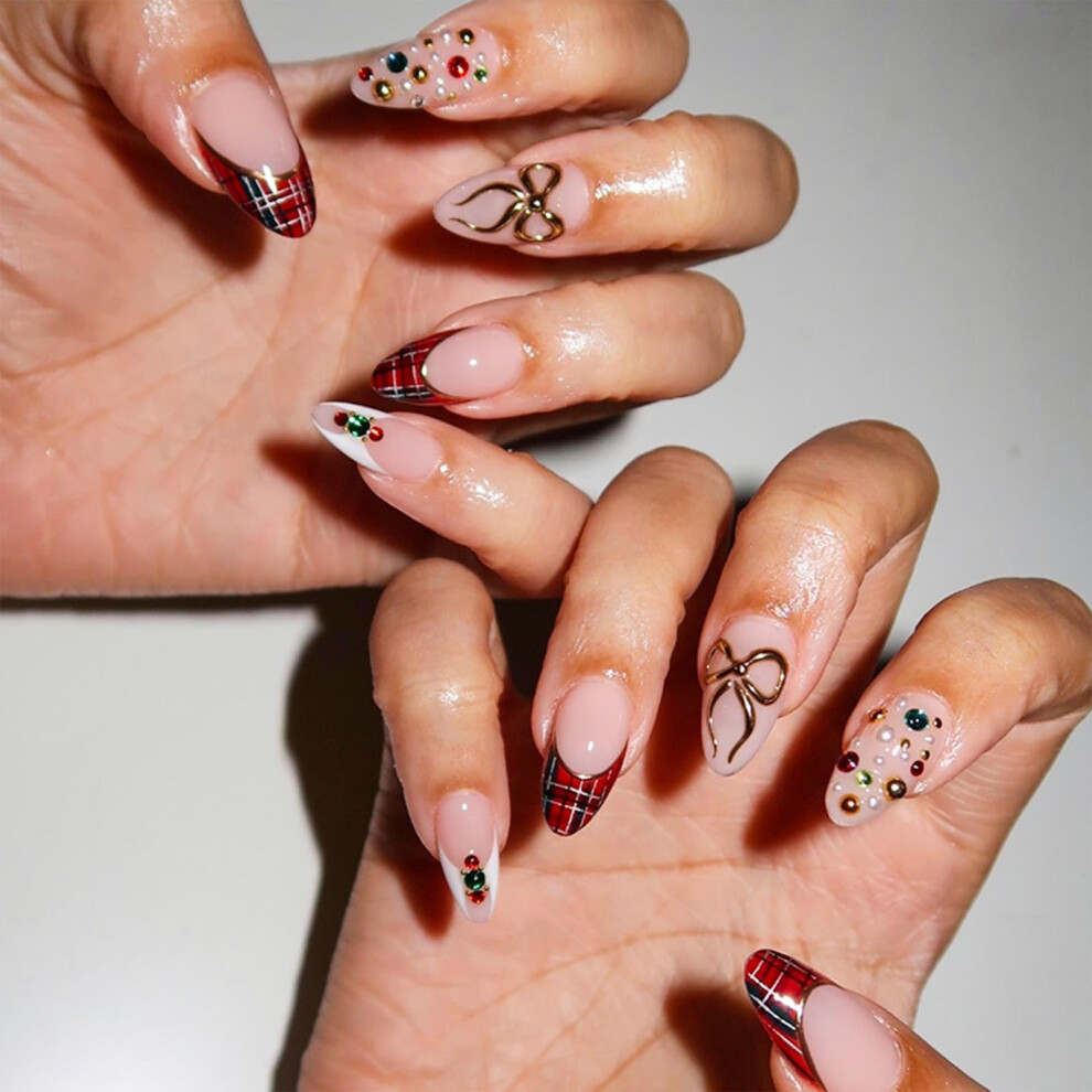 Red,Gold Christmas Press On Nails Red French Tip Almond Shape With Gold Bow Rhinestone, Reusable 30Pcs