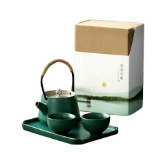 Ceramic Kung Fu Tea Set with Teapot and Cups, Dark Green Glaze, Elegant Retro Design