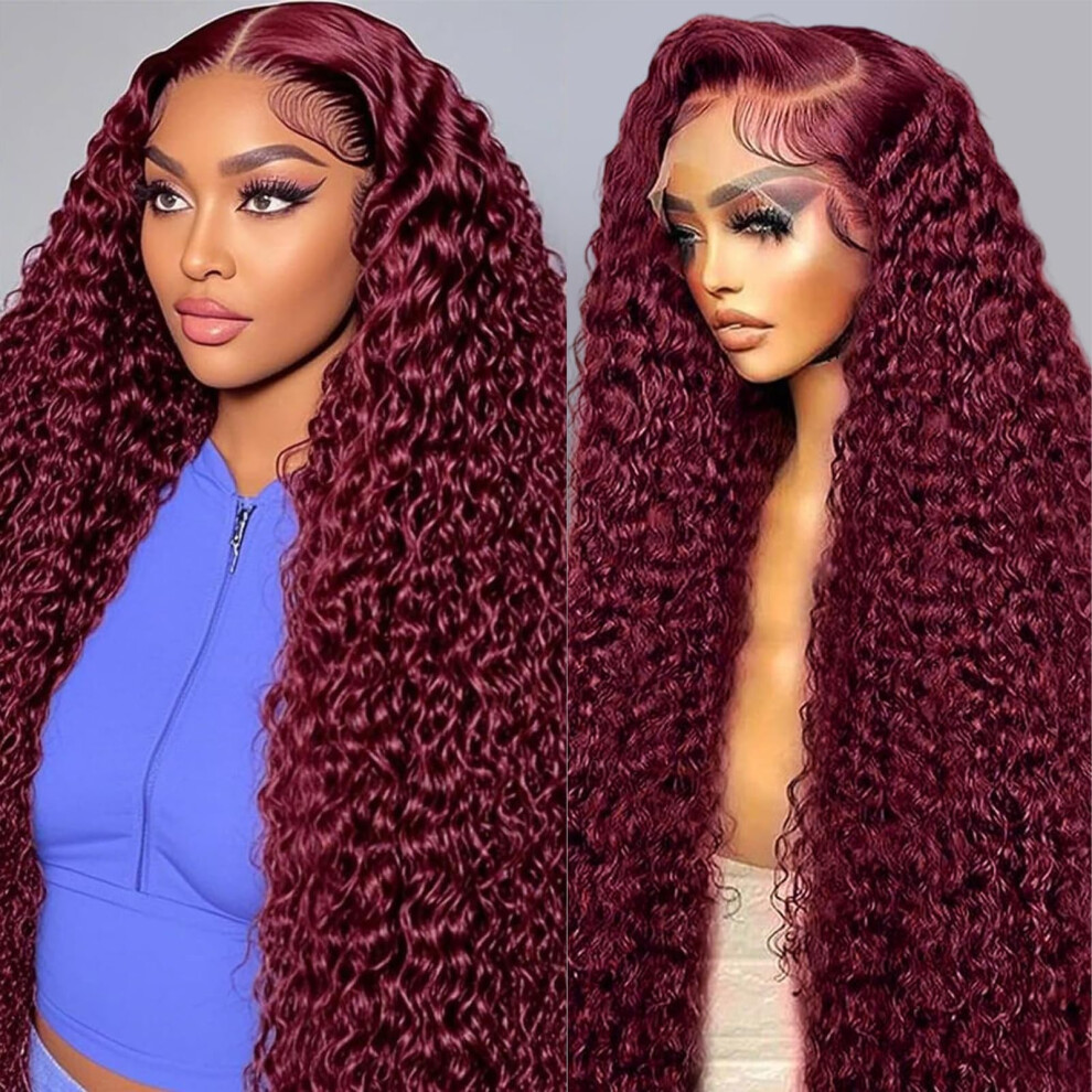 99j Burgundy Human Hair Lace Front Wig 13x6 Deep Wave 200 Density Invisible Hairline for Women