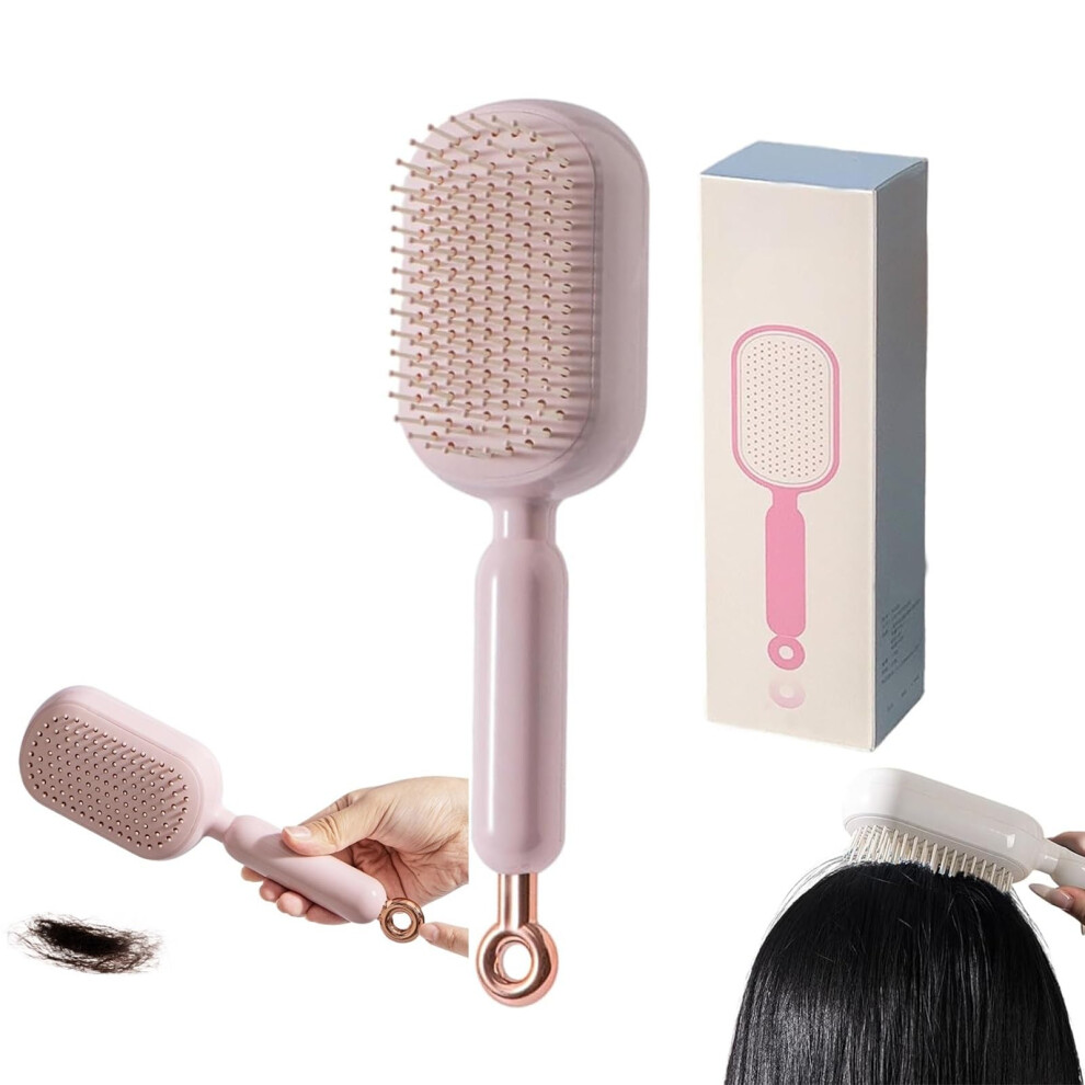 Self Cleaning Hair Brush with Retractable Detangling Teeth, AntiStatic Scalp Massage for Wet Dry Curly Hair, Pink