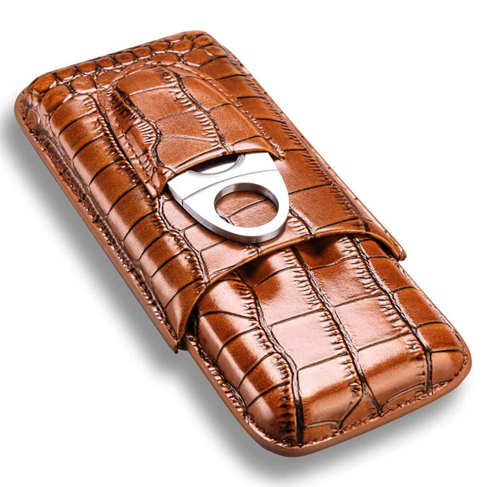 Brown Leather Cigar Travel Case With Stainless Steel Set, Holds 3 Cigars For Men