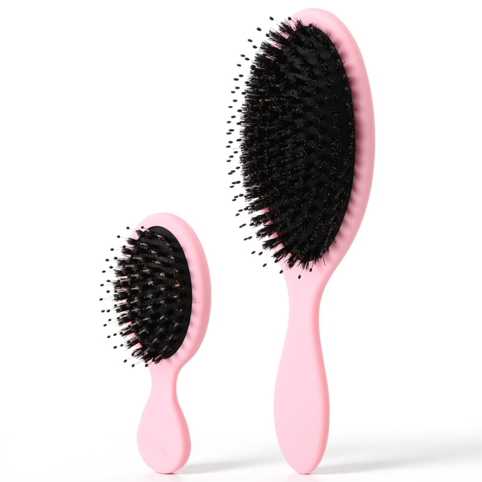 Boar Bristle Hair Brush Set with Soft Nylon Bristles for Gentle Detangling and Frizz Control, 2 Sizes