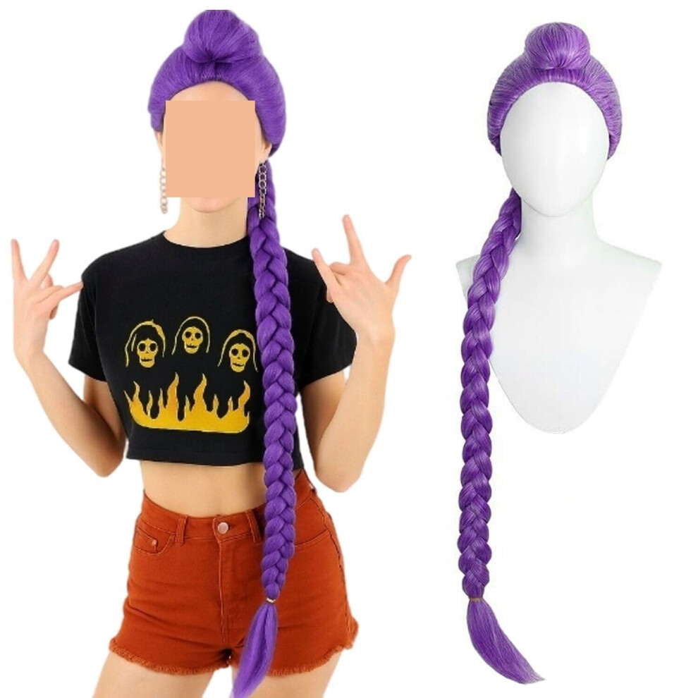 Unisex Purple Rumi Cosplay Wig Dark 24 Inch Braided Heat Resistant Synthetic Fiber With Adjustable Cap