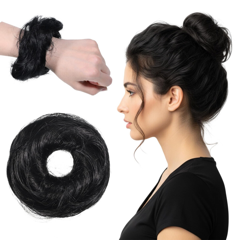 Messy Bun Hair Piece Human Hair Bun Extension Natural Black Wavy Scrunchie Adds Instant Volume for Women